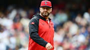 May 28, 2025; Cleveland, Ohio, USA; Cleveland Guardians manager Stephen Vogt (12) walks back to the dugout during the seventh inning against the Los Angeles Dodgers at Progressive Field. Mandatory Credit: Ken Blaze-Imagn Images