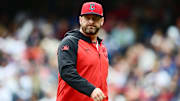 May 28, 2025; Cleveland, Ohio, USA; Cleveland Guardians manager Stephen Vogt (12) walks back to the dugout during the seventh inning against the Los Angeles Dodgers at Progressive Field. Mandatory Credit: Ken Blaze-Imagn Images