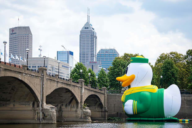 An inflatable of the University of Oregon Duck mascot floats on the White River in front of the NCAA Headquarters 