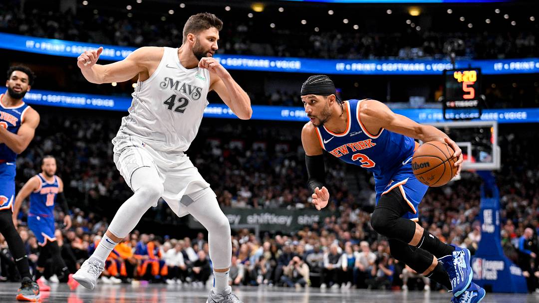 Nov 27, 2024; Dallas, Texas, USA; New York Knicks guard Josh Hart (3) drives to the basket past Dallas Mavericks forward Maxi Kleber (42) during the second half at the American Airlines Center. Mandatory Credit: Jerome Miron-Imagn Images