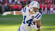 Nov 23, 2025; Kansas City, Missouri, USA; Indianapolis Colts wide receiver Alec Pierce (14) makes a catch against the Kansas City Chiefs in the second half at GEHA Field at Arrowhead Stadium. Mandatory Credit: Denny Medley-Imagn Images