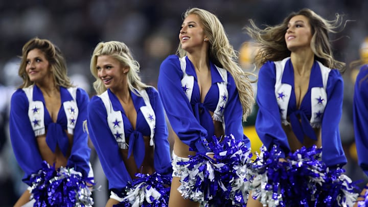 The Dallas Cowboys cheerleaders perform during the first half for the 2024 NFC wild card game against the Green Bay Packers. The Dallas Cowboys cheerleaders perform during the first half for the 2024 NFC wild card game against the Green Bay Packers.