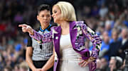 Mar 30, 2025; Spokane, WA, USA; LSU Lady Tigers head coach Kim Mulkey talks with an official against the UCLA Bruins during the first half of a Elite 8 NCAA Tournament basketball game at Spokane Arena. Mandatory Credit: James Snook-Imagn Images