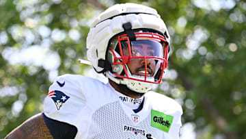 Jul 28, 2025; Foxborough, MA, USA; New England Patriots wide receiver Ja'Lynn Polk (1) heads to the practice fields for training camp at Gillette Stadium. Mandatory Credit: Eric Canha-Imagn Images