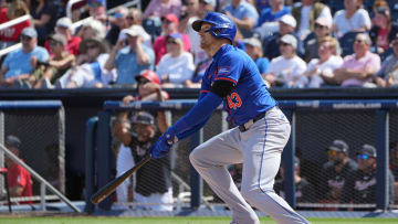 Feb 26, 2024; West Palm Beach, Florida, USA;  New York Mets left fielder Trayce Thompson (43) watches his fly ball leave the park for a grand slam against the Washington Nationals in the third inning at CACTI Park of the Palm Beaches. Mandatory Credit: Jim Rassol-USA TODAY Sports