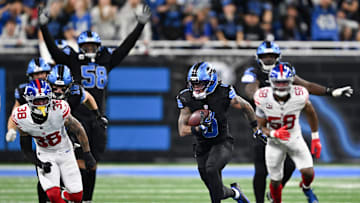 Nov 23, 2025; Detroit, Michigan, USA; Detroit Lions running back Jahmyr Gibbs (0) runs the ball for a touchdown in over time against the New York Giants at Ford Field.  