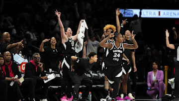 Jul 12, 2025; Las Vegas, Nevada, USA; Las Vegas Aces guard Jewell Loyd (24) reacts after scoring against the Golden State Valkyries during the second half of a WNBA basketball game at Michelob Ultra Arena. 