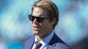 Former Panther and now announcer Greg Olsen during pregame warm-ups between the Carolina Panthers and the Dallas Cowboys.