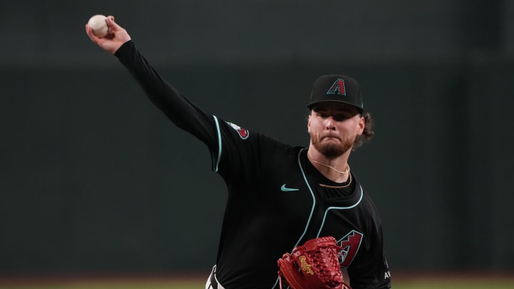 Aug 9, 2024; Phoenix, Arizona, USA; Arizona Diamondbacks pitcher Ryne Nelson (19) throws against the Philadelphia Phillies in the first inning at Chase Field. Mandatory Credit: Rick Scuteri-USA TODAY Sports