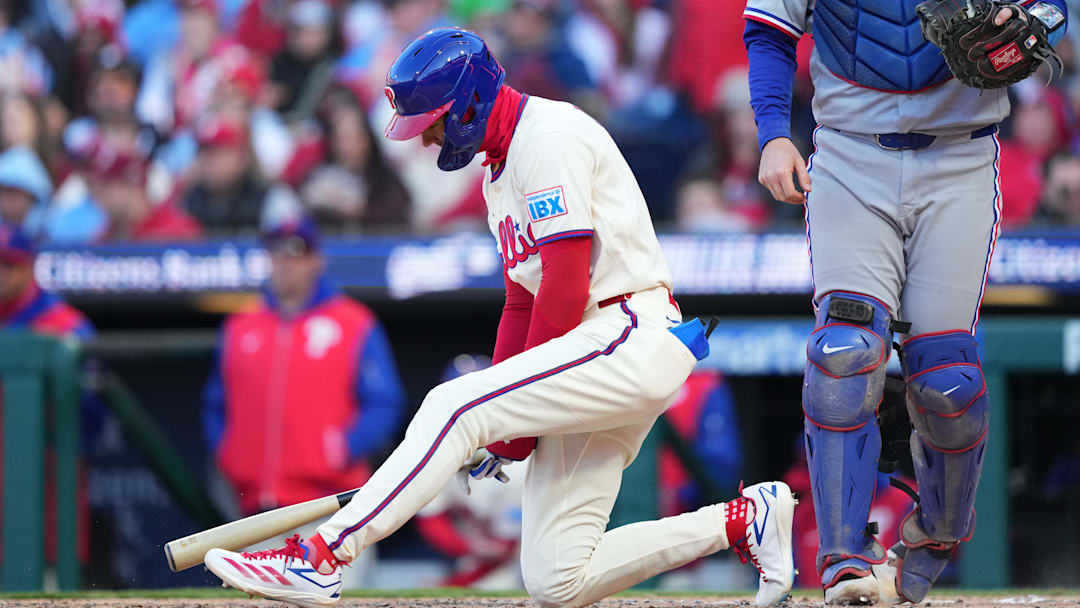 Mar 28, 2026; Philadelphia, Pennsylvania, USA; Philadelphia Phillies infielder Trea Turner (7) reacts after striking out against the Texas Rangers in the fifth inning at Citizens Bank Park. Mandatory Credit: Kyle Ross-Imagn Images Mar 28, 2026; Philadelphia, Pennsylvania, USA; Philadelphia Phillies infielder Trea Turner (7) reacts after striking out against the Texas Rangers in the fifth inning at Citizens Bank Park. Mandatory Credit: Kyle Ross-Imagn Images