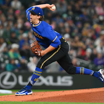 Seattle Mariners starting pitcher Logan Gilbert throws during a game against the Texas Rangers on Saturday at T-Mobile Park.