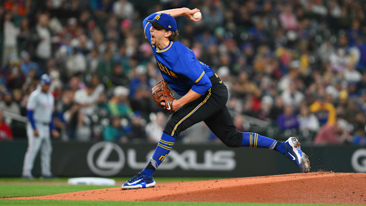 Seattle Mariners starting pitcher Logan Gilbert throws during a game against the Texas Rangers on Saturday at T-Mobile Park.