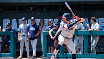 Jun 8, 2025; Chapel Hill, NC, USA;  Arizona outfielder Brendan Summerhill (4) prepares to hit the ball during the seventh inning of the Super Regionals game against North Carolina in Chapel Hill, North Carolina. Mandatory Credit: Jaylynn Nash-Imagn Images