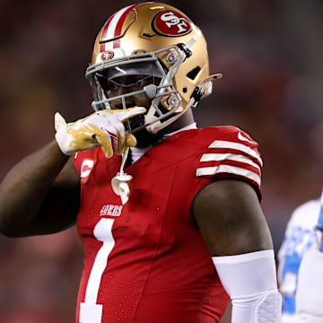 Dec 30, 2024; Santa Clara, California, USA; San Francisco 49ers wide receiver Deebo Samuel Sr. (1) celebrates after a play during the first quarter against the Detroit Lions at Levi's Stadium. Mandatory Credit: Sergio Estrada-Imagn Images