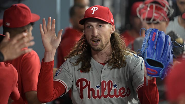 Aug 6, 2024: Philadelphia Phillies relief pitcher Matt Strahm reacts after getting Shohei Ohtani to fly out.