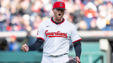 Apr 8, 2025; Cleveland, Ohio, USA; Cleveland Guardians starting pitcher Ben Lively (39) reacts after a double play during the fourth inning against the Chicago White Sox at Progressive Field. Mandatory Credit: Ken Blaze-Imagn Images