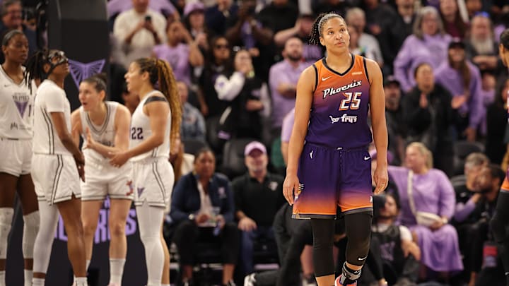 Jul 14, 2025; San Francisco, California, USA; Phoenix Mercury forward Alyssa Thomas (25) between plays against the Golden State Valkyries during the fourth quarter at Chase Center. Mandatory Credit: Kelley L Cox-Imagn Images