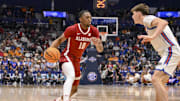 Mar 15, 2025; Nashville, TN, USA;  Alabama Crimson Tide forward Mouhamed Dioubate (10) dribbles the ball against the Florida Gators during the second half at Bridgestone Arena. Mandatory Credit: Steve Roberts-Imagn Images