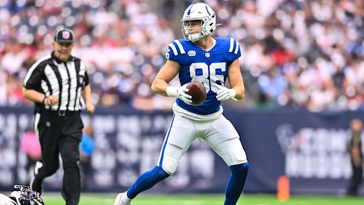 Sep 17, 2023; Houston, Texas, USA; Indianapolis Colts tight end Will Mallory (86) catches a pass during the second quarter against the Houston Texans at NRG Stadium. Mandatory Credit: Maria Lysaker-Imagn Images