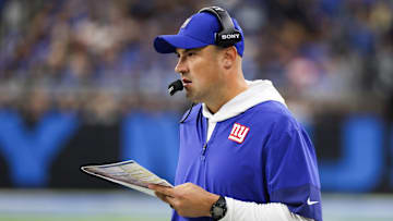 Nov 23, 2025; Detroit, Michigan, USA; New York Giants interim head coach Mike Kafka looks on in the first quarter against the Detroit Lions at Ford Field. Mandatory Credit: David Reginek-Imagn Images