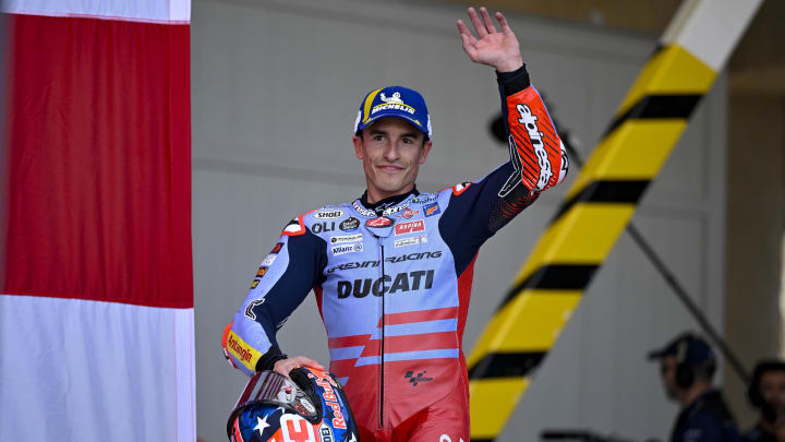 Apr 13, 2024; Austin, TX, USA; Marc Marquez (93) of Spain and Gresini Racing MotoGP waves to the fans after the Americas Grand Prix sprint race at Circuit of The Americas. Mandatory Credit: Jerome Miron-USA TODAY Sports