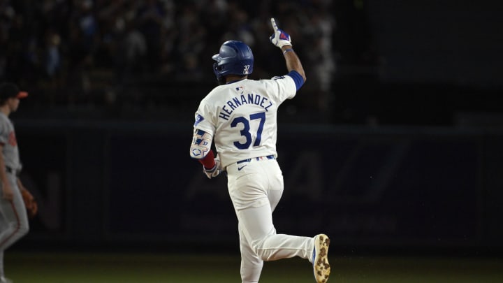 Los Angeles Dodgers left fielder Teoscar Hernandez (37) rounds the bases after hitting a three-run home run on Aug 28.