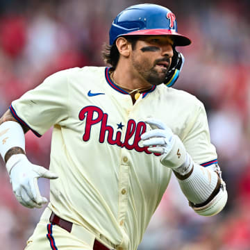 Jun 5, 2024; Philadelphia, Pennsylvania, USA; Philadelphia Phillies outfielder Nick Castellanos (8) rounds the bases after hitting a two-run home run against the Milwaukee Brewers in the fifth inning at Citizens Bank Park.