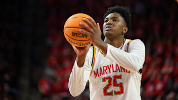 Feb 26, 2025; College Park, Maryland, USA; Maryland Terrapins center Derik Queen (25) takes a free throw during the second half against Michigan State