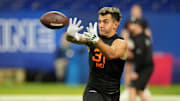 Miami wideout Xavier Restrepo (WO37) during the 2025 NFL Combine at Lucas Oil Stadium. 