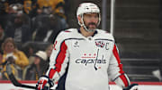 Washington Capitals left wing Alex Ovechkin looks on against the Pittsburgh Penguins during the second period at PPG Paints Arena. 
