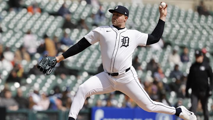 Apr 8, 2025; Detroit, Michigan, USA;  Detroit Tigers pitcher Tarik Skubal (29) pitches in the fifth inning against the New York Yankees at Comerica Park.
