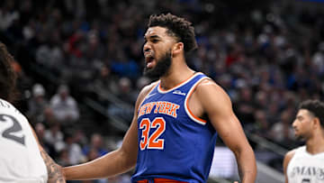 Nov 27, 2024; Dallas, Texas, USA; New York Knicks center Karl-Anthony Towns (32) yells out after being fouled during the second half against the Dallas Mavericks at the American Airlines Center. Mandatory Credit: Jerome Miron-Imagn Images