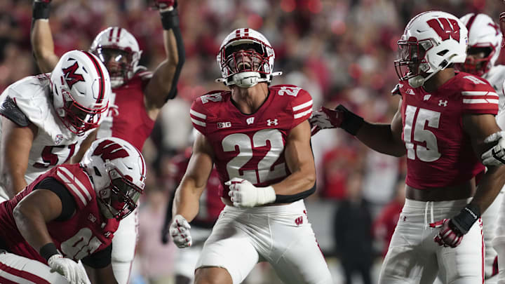 Aug 28, 2025; Madison, Wisconsin, USA; Wisconsin Badgers linebacker Mason Reiger (22) celebrates a play during the game against the Miami (OH) RedHawks at Camp Randall Stadium. Aug 28, 2025; Madison, Wisconsin, USA; Wisconsin Badgers linebacker Mason Reiger (22) celebrates a play during the game against the Miami (OH) RedHawks at Camp Randall Stadium.