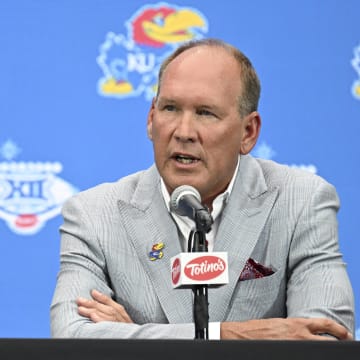 Jul 10, 2024; Las Vegas, NV, USA; Kansas Jayhawks head coach Lance Leipold speaks to the media during the Big 12 Media Days at Allegiant Stadium. 