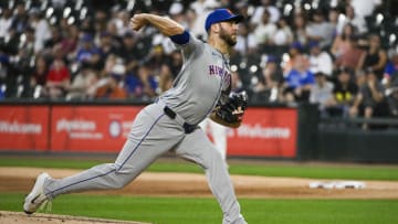 Aug 30, 2024; Chicago, Illinois, USA; New York Mets starting pitcher Tylor Megill (38) pitches during the first inning against the Chicago White Sox at Guaranteed Rate Field. Mandatory Credit: Matt Marton-USA TODAY Sports