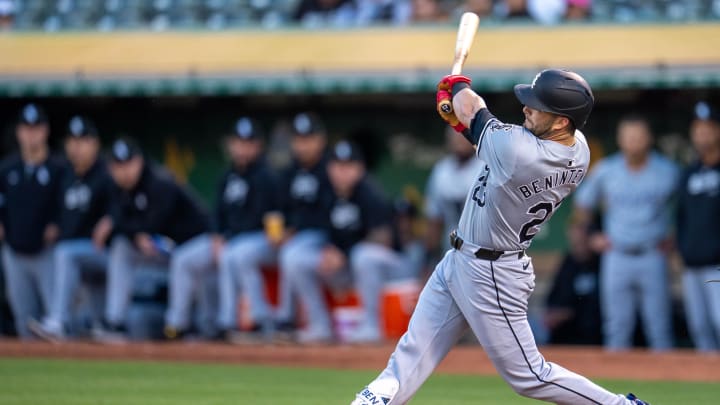 Chicago White Sox left fielder Andrew Benintendi (23) hits a RBI single against the Oakland Athletics during the fourth inning at Oakland-Alameda County Coliseum on Aug 5.