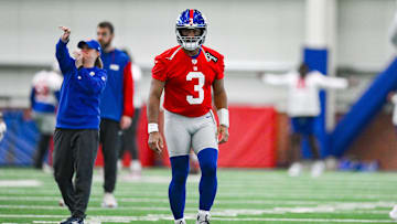 Jun 18, 2025; East Rutherford, NJ, USA; New York Giants quarterback Russell Wilson (3) warms up during minicamp at Quest Diagnostics Training Center. Mandatory Credit: John Jones-Imagn Images