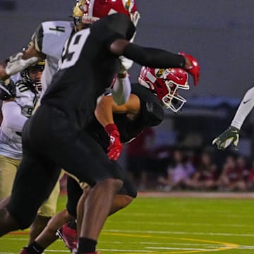 Basha wide receiver Jaden Baldwin (2) sprints after a reception against Brophy Prep during a game at Central High School in Phoenix on Aug. 28, 2025.
