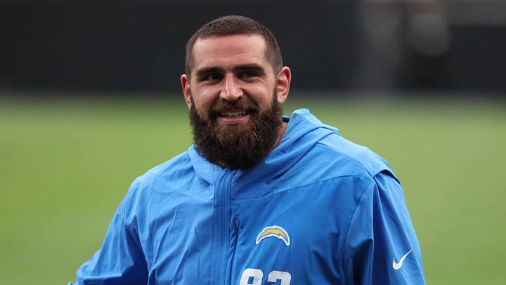 Sep 15, 2025; Paradise, Nevada, USA;  Los Angeles Chargers tight end Tyler Conklin at Allegiant Stadium. Mandatory Credit: Kiyoshi Mio-Imagn Images