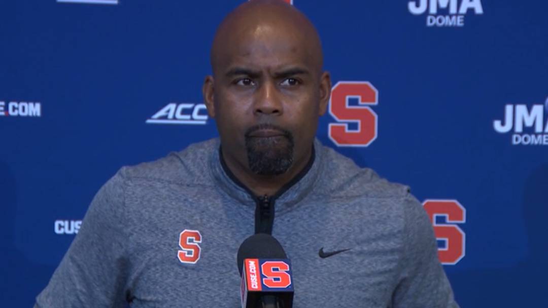 Syracuse coach Fran Brown speaks with the media Monday at the Lally Athletics Complex, prior to the Orange's road game this week against UConn.
