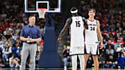 Gonzaga Bulldogs forward Graham Ike (15) and Gonzaga Bulldogs forward Braden Huff (34) meet at center court during Numerica Kraziness in the Kennel at the McCarthey Athletic Center. 