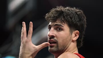 Dec 26, 2024; Portland, Oregon, USA; Portland Trail Blazers small forward Deni Avdija (8) celebrates after a basket and a foul during the second half against the Utah Jazz at Moda Center. Mandatory Credit: Soobum Im-Imagn Images
