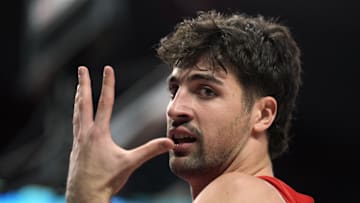 Dec 26, 2024; Portland, Oregon, USA; Portland Trail Blazers small forward Deni Avdija (8) celebrates after a basket and a foul during the second half against the Utah Jazz at Moda Center. Mandatory Credit: Soobum Im-Imagn Images