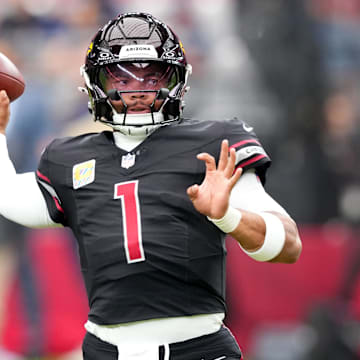 Oct 5, 2025; Glendale, Arizona, USA; Arizona Cardinals quarterback Kyler Murray (1) warms up before their game against the Tennessee Titans at State Farm Stadium. Mandatory Credit: Matt Kartozian-Imagn Images