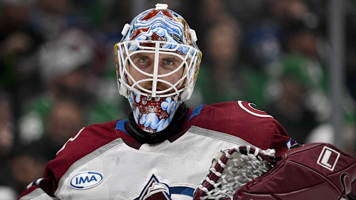 Apr 4, 2026; Dallas, Texas, USA; Colorado Avalanche goaltender Scott Wedgewood (41) looks on during a stoppage in play during the second period against the Dallas Stars at the American Airlines Center. Mandatory Credit: Jerome Miron-Imagn Images