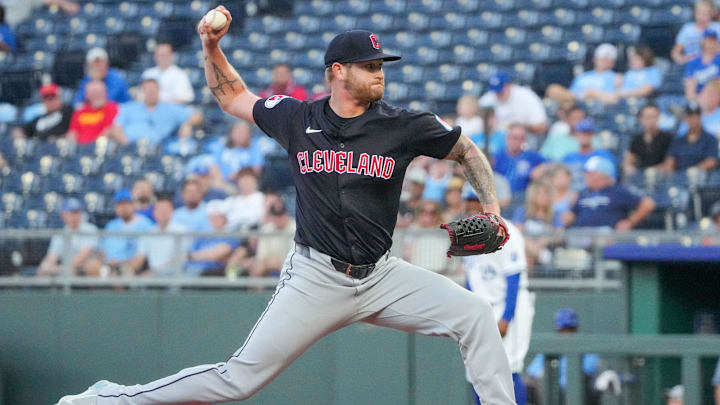 Sep 4, 2024; Kansas City, Missouri, USA; Cleveland Guardians starting pitcher Ben Lively (39) delivers a pitch against the Kansas City Royals in the first inning at Kauffman Stadium. Mandatory Credit: Denny Medley-Imagn Images