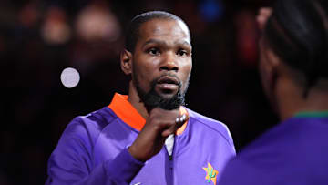 Mar 4, 2025; Phoenix, Arizona, USA; Phoenix Suns forward Kevin Durant (35) is introduced before facing the LA Clippers at PHX Center. Mandatory Credit: Joe Camporeale-Imagn Images