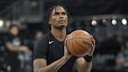 Feb 21, 2025; Austin, Texas, USA; Detroit Pistons forward Ausar Thompson (9) warms up before a game against the San Antonio Spurs at Moody Center. Mandatory Credit: Scott Wachter-Imagn Images