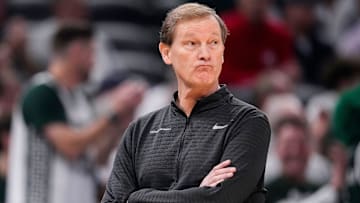 Are you not entertained? Dana Altman strikes his Grinch pose after the Ducks clank another three in the Big Ten tournament loss to Tom Izzo and Michigan State. Oregon shot 21% from distance in the 74-64 loss.