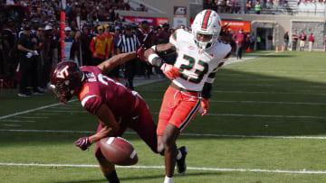 Oct 15, 2022; Blacksburg, Virginia, USA;  Virginia Tech Hokies wide receiver Jadan Blue (2) misses the catch after he was is defended by Miami Hurricanes cornerback Te'Cory Couch (23) during the second half at Lane Stadium. Mandatory Credit: Reinhold Matay-USA TODAY Sports